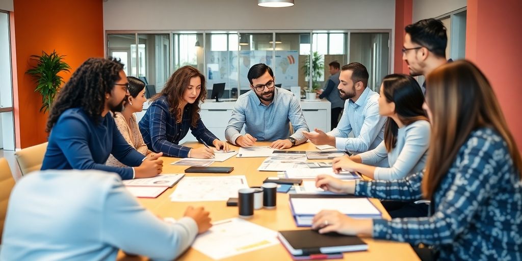 Sales team collaborating in a modern office environment.