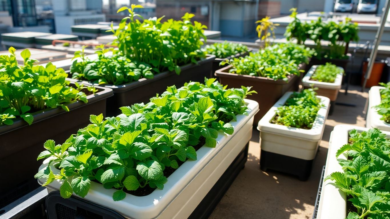 Hydroponic containers with plants on urban rooftop.