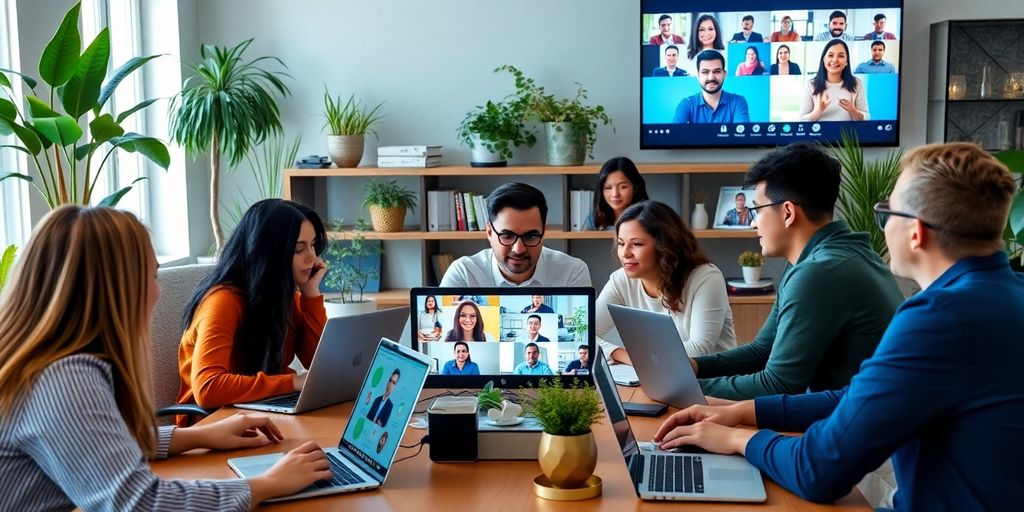 Team video conferencing in a bright office environment.