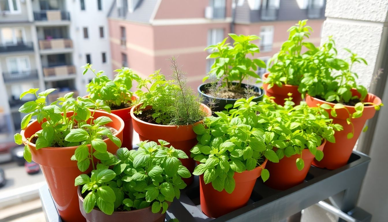 Colourful herb pots on a small urban balcony.