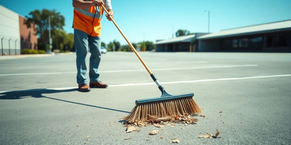 Man cleaning Australian parking lot with broom