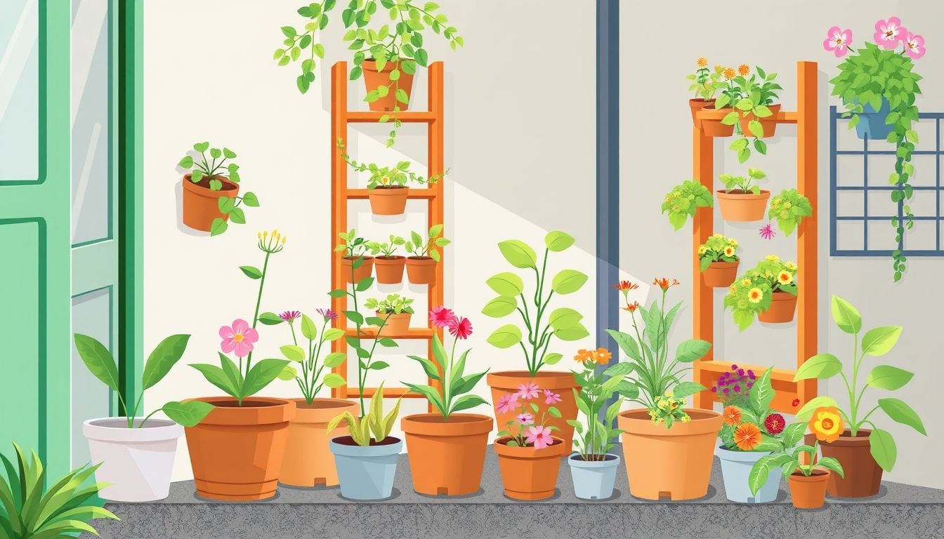 Urban garden with potted plants and vertical structures.