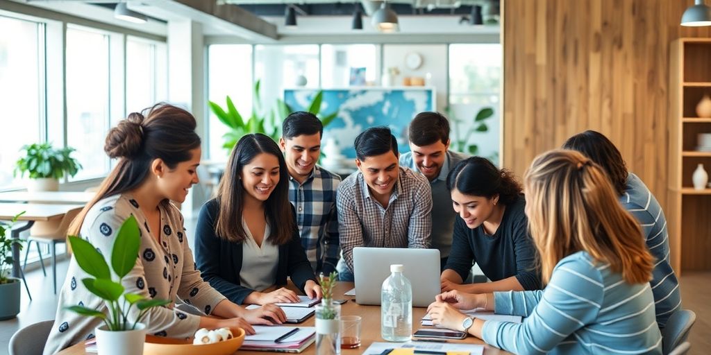 Teams collaborating in a modern, sustainable office environment.