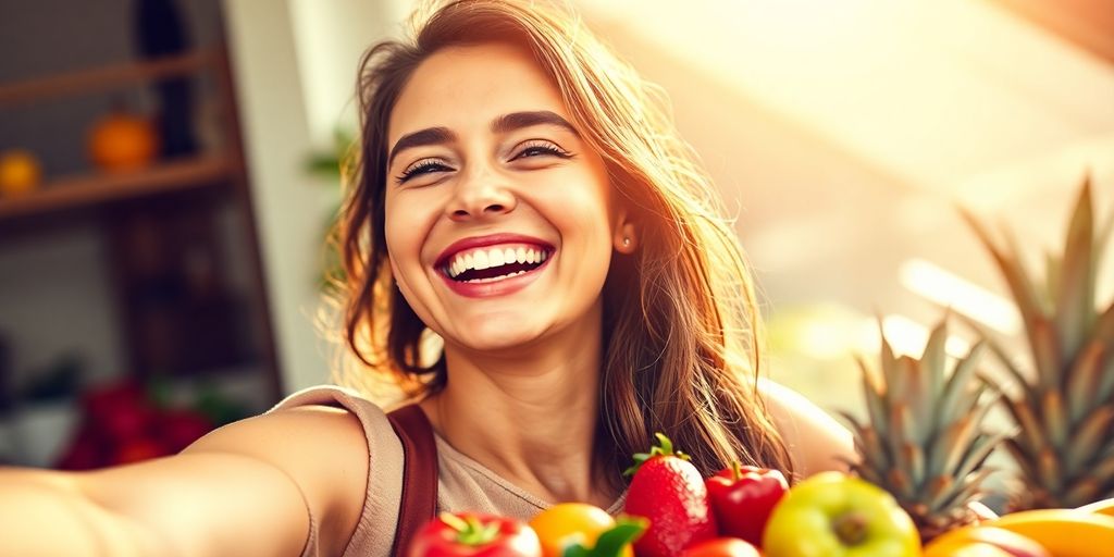 Person embracing healthy living with vibrant fruits.