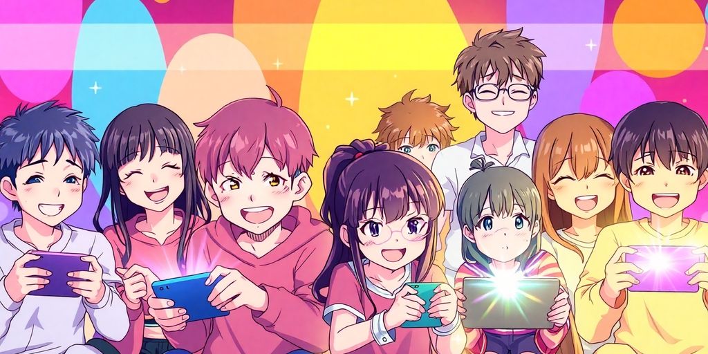 Anime illustrations of diverse characters playing games.