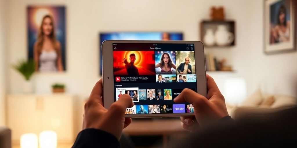 شخص يشاهد IPTV على جهاز iOS في غرفة مريحة