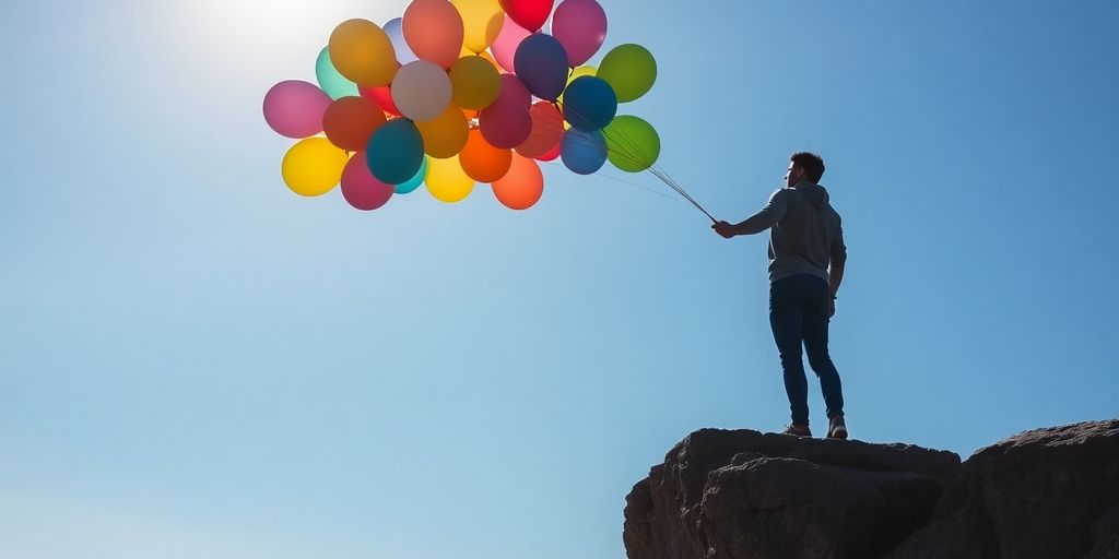 Person releasing balloons into a clear sky.