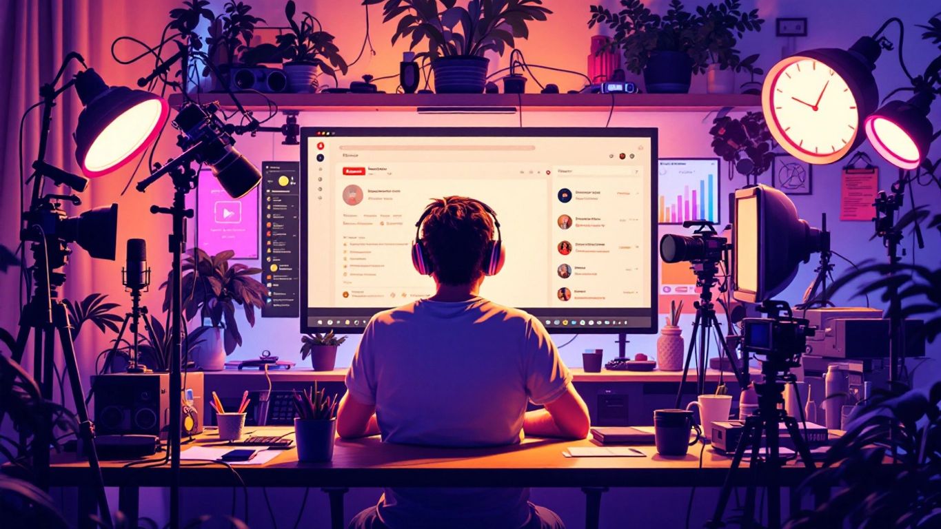 Content creator working in a vibrant digital studio.