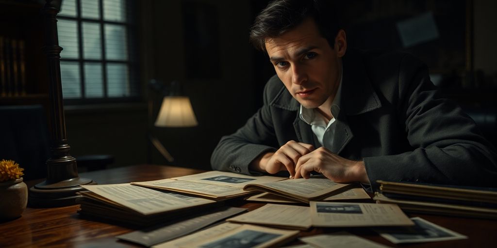 Detective reviewing old case files in a dim room.