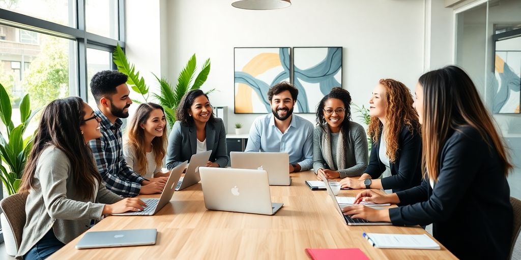 Colorful, playful business meeting. People smiling, interacting vibrantly.