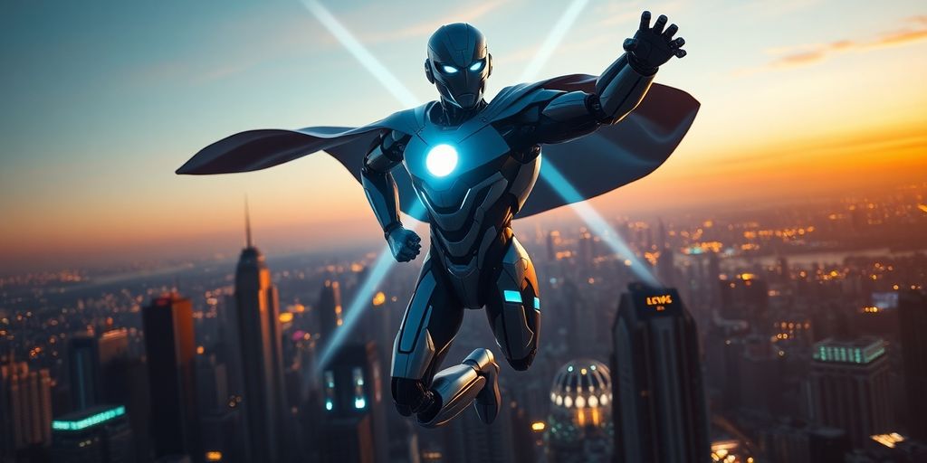 Robot superheroj leti iznad grada.