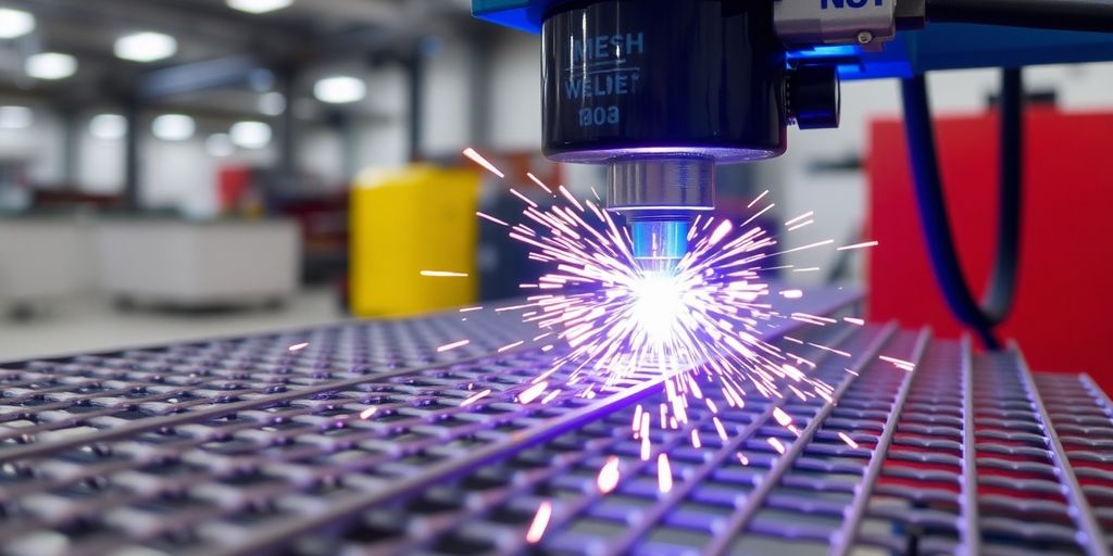 Close-up of a mesh welding machine working.