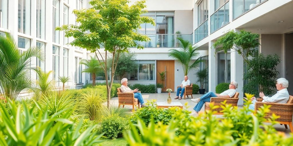 Casas de repouso modernas com idosos felizes.