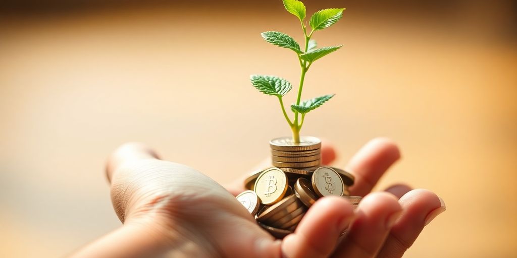 Hand holding a plant with coins, representing dividend investing.