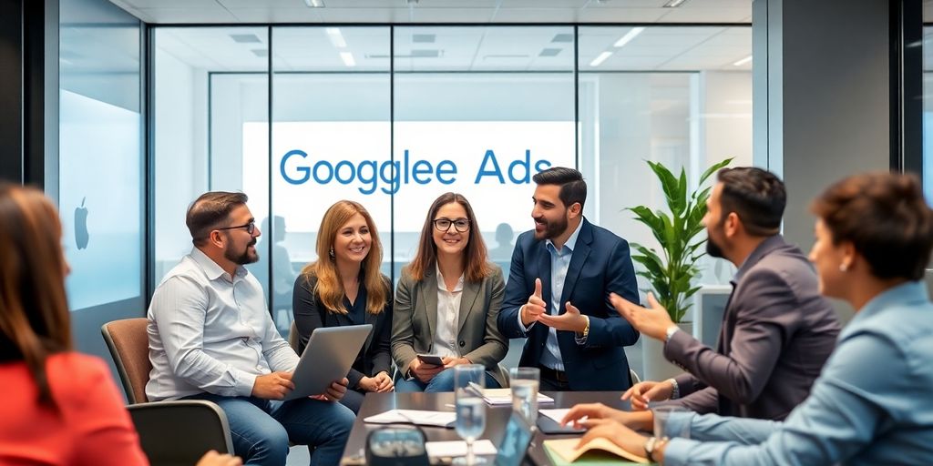 Profissionais de marketing digital em escritório moderno.