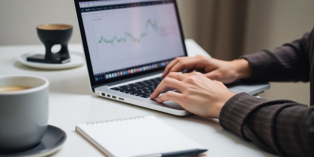 Person managing options trading on a laptop in a workspace.