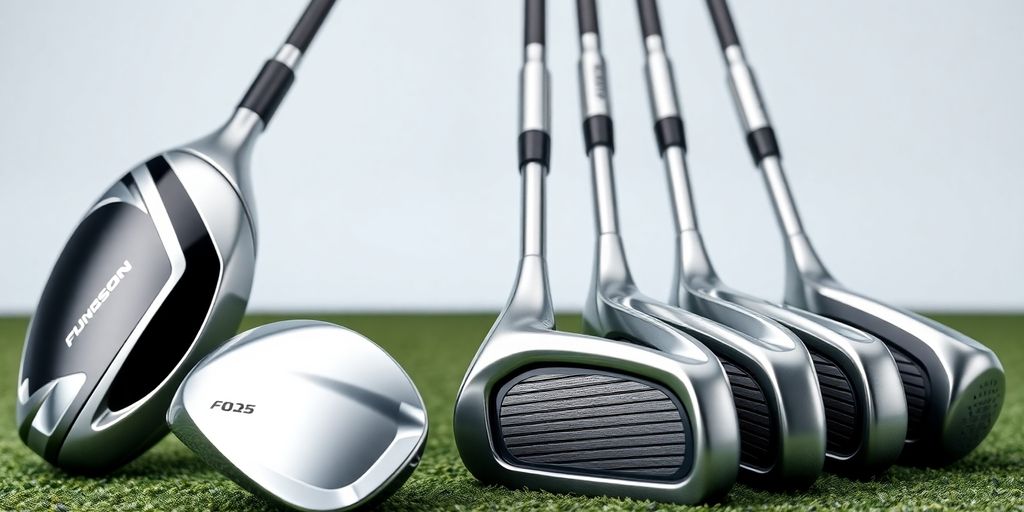 Shiny new golf drivers and irons arranged artfully.