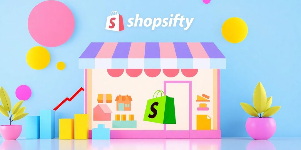 Shopify storefront with glowing upward sales trend.