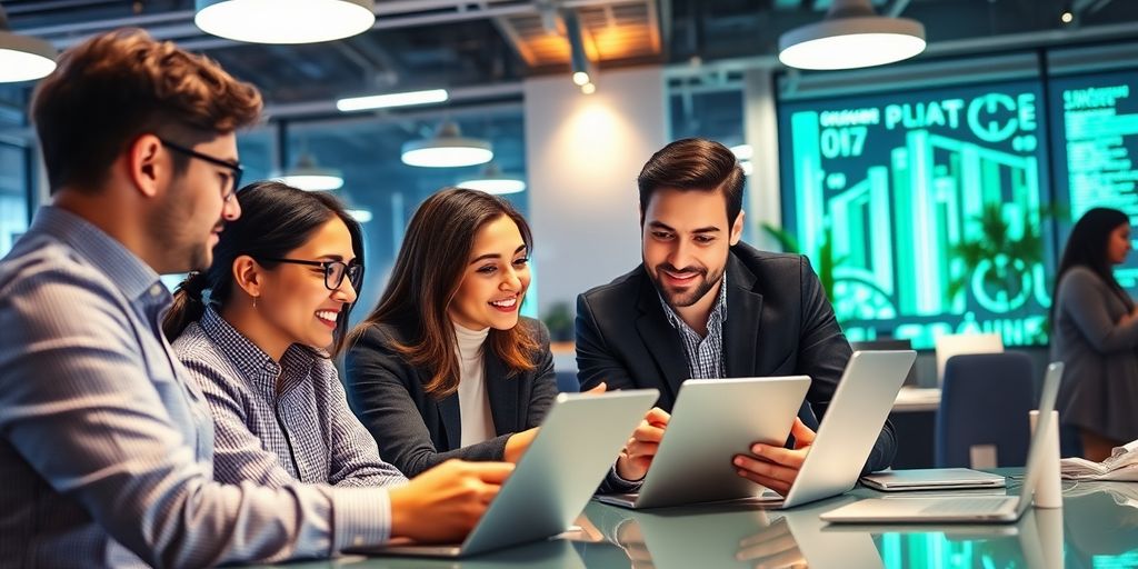 Young professionals collaborating in a modern workspace.