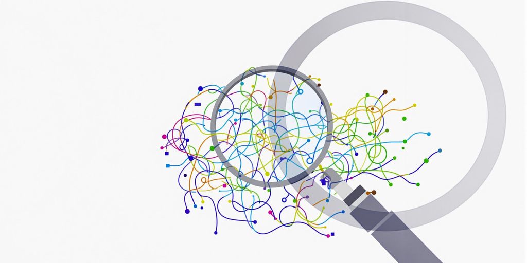 Magnifying glass over intertwining, colorful web links.
