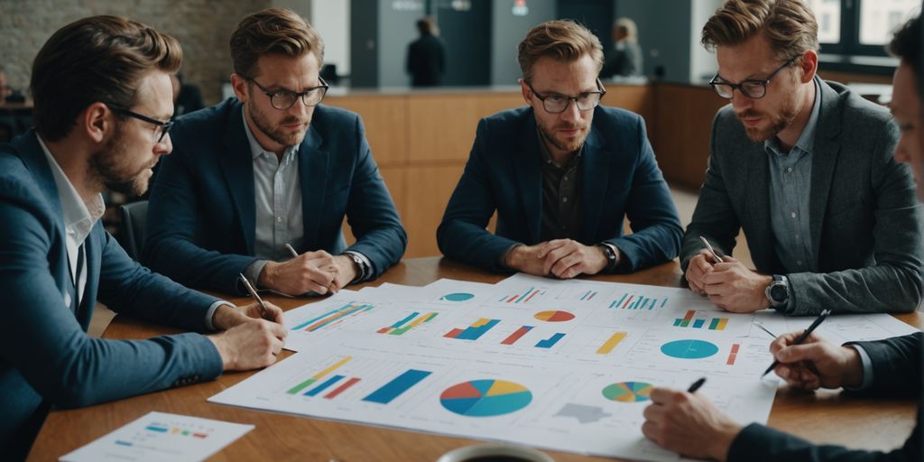 Group discussing solutions around table with charts