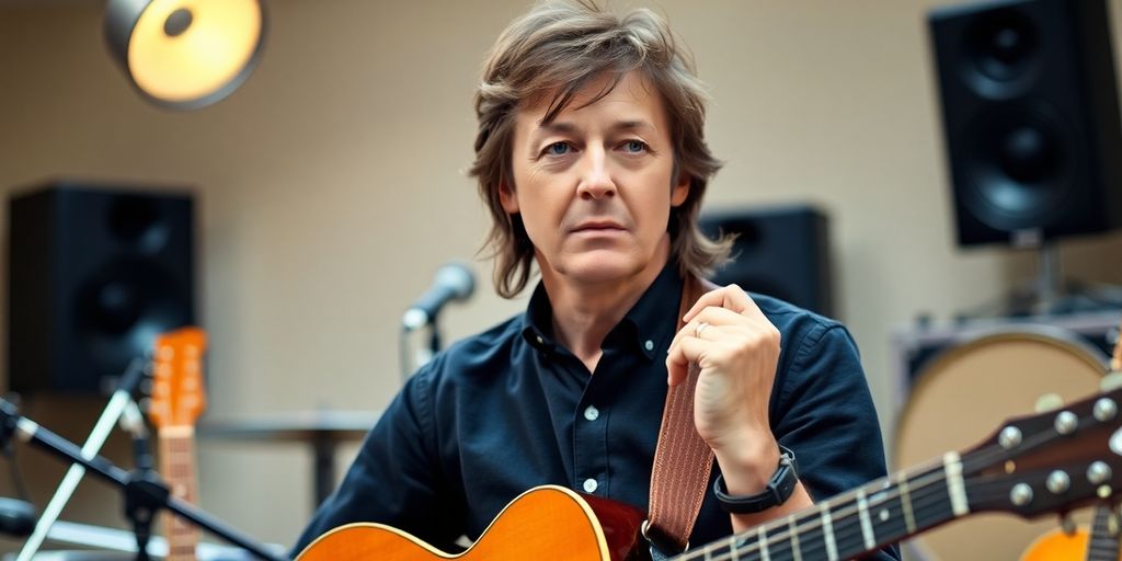 Paul McCartney in a music studio, deep in thought.