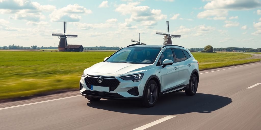 Auto op Nederlandse weg, landschap op achtergrond.