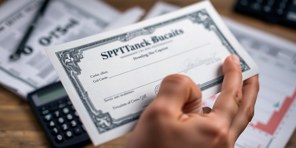 Hand holding a stock certificate with protective cover.
