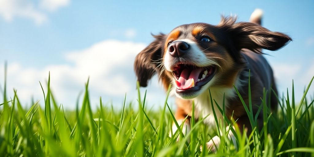 Happy dog jumping in green grass under blue sky.