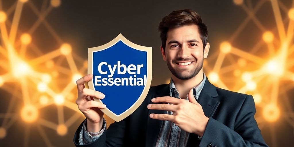 UK business owner with Cyber Essentials shield against digital threats.