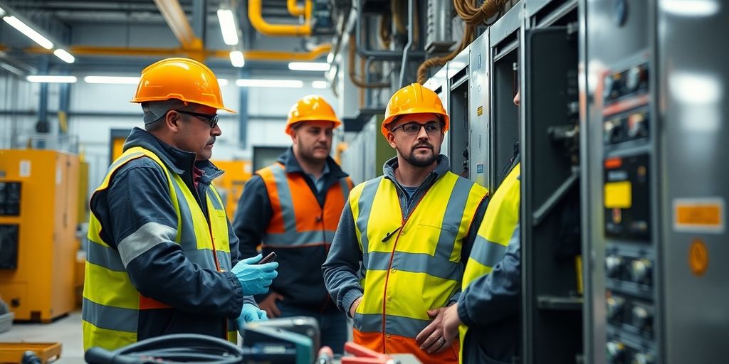 Factory workers inspecting electrical equipment for safety.