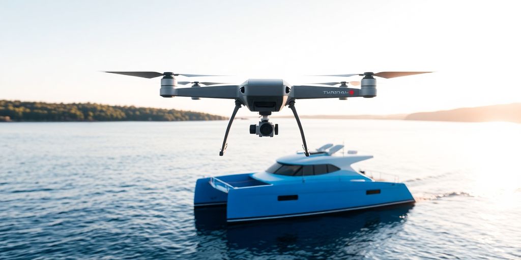 Drone survolant un catamaran en mer