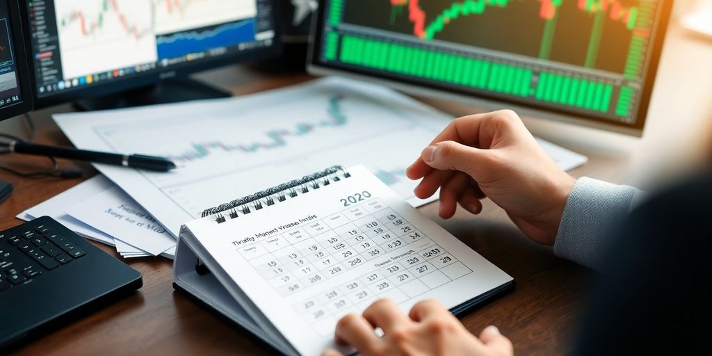 Trader analyzing charts with a calendar on the desk.