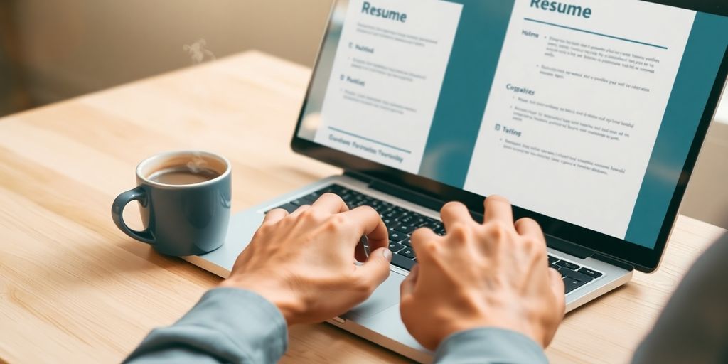 Laptop, resume, and coffee on a clean desk.