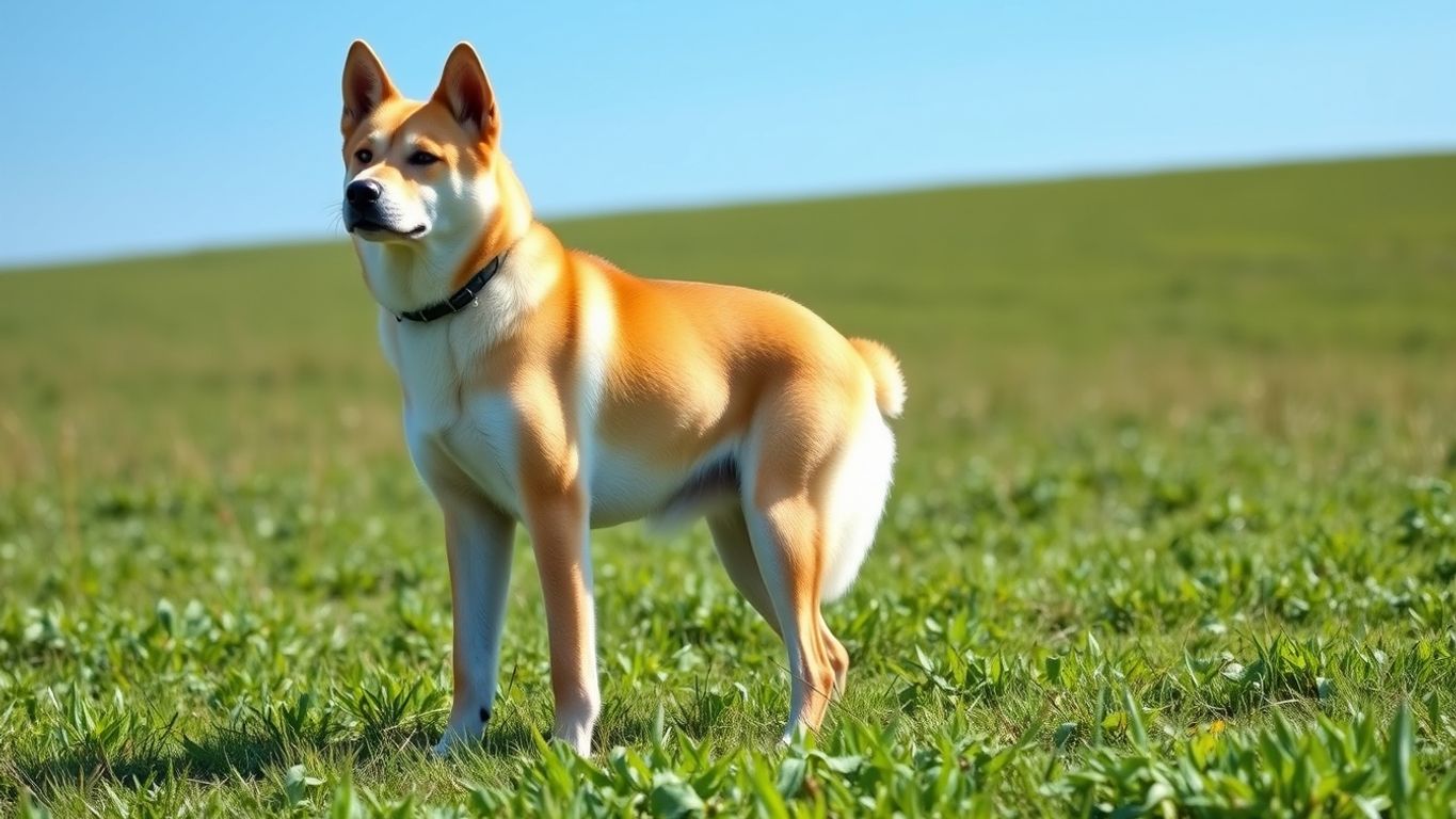 Korean Jindo dog in a green field under blue sky.