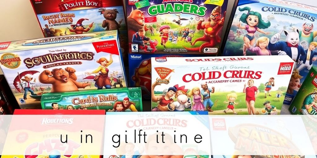 Colorful board game boxes stacked together.