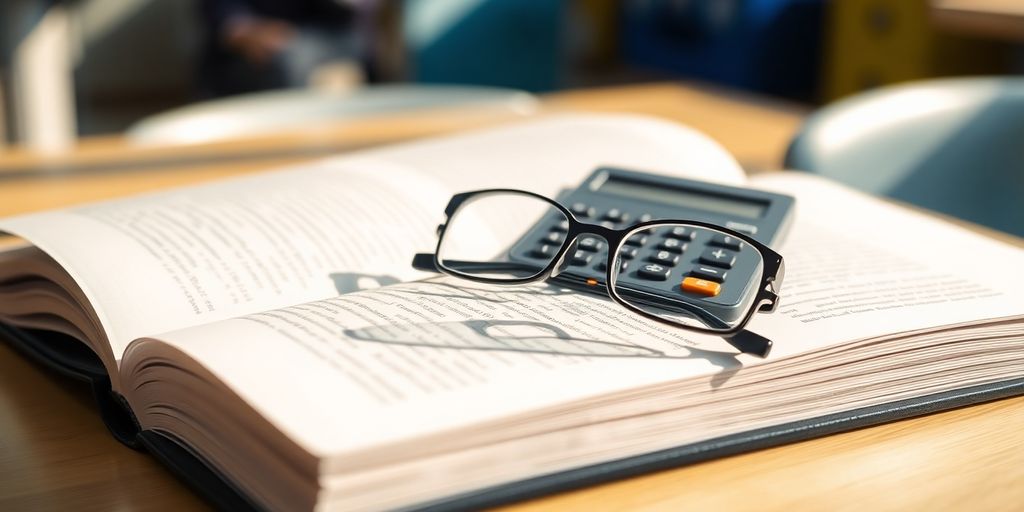 Open textbook, calculator, glasses.