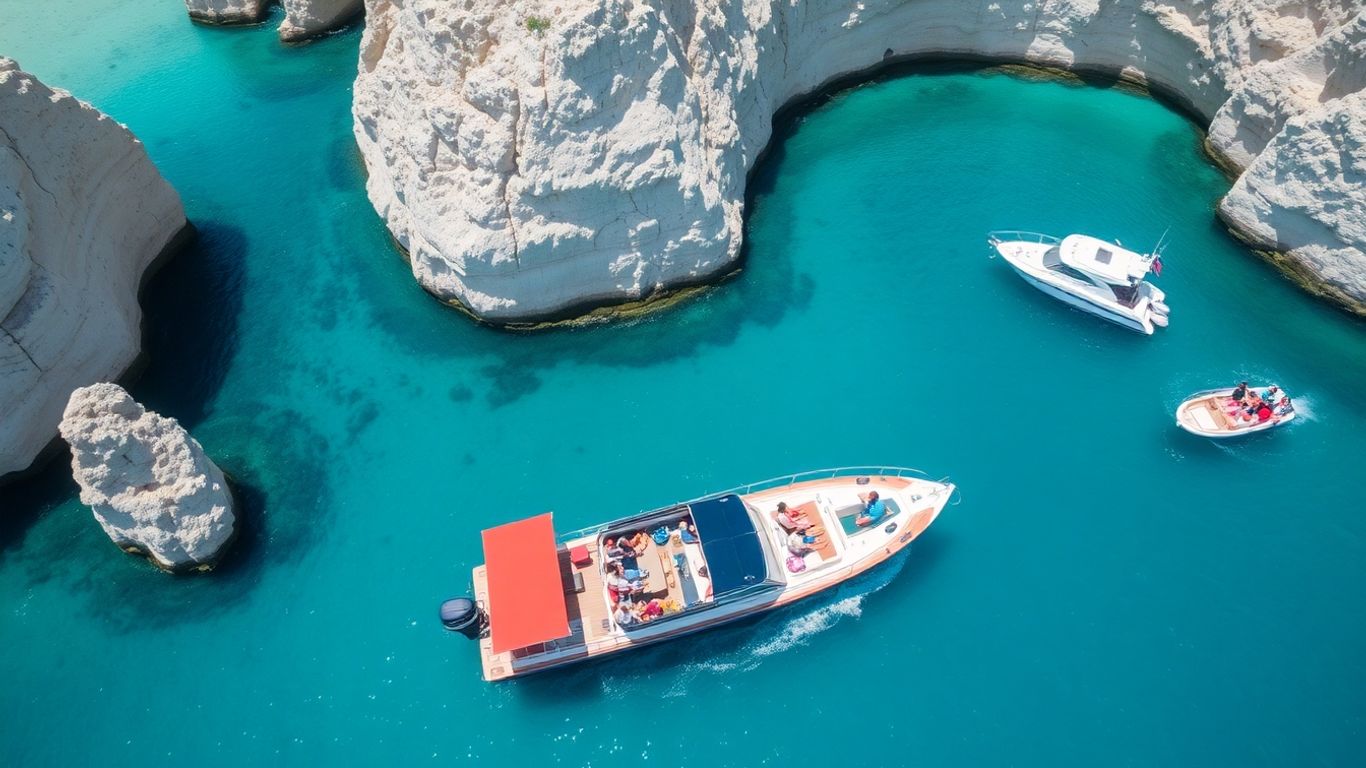 Cabo boats near rock formations and beaches