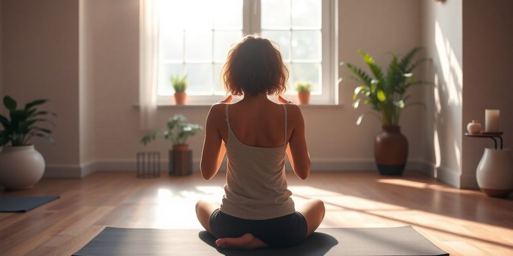 Person practicing yoga in a tranquil studio setting.