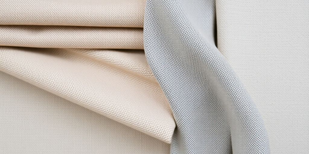 Fabric swatches, various textures, neutral colors.