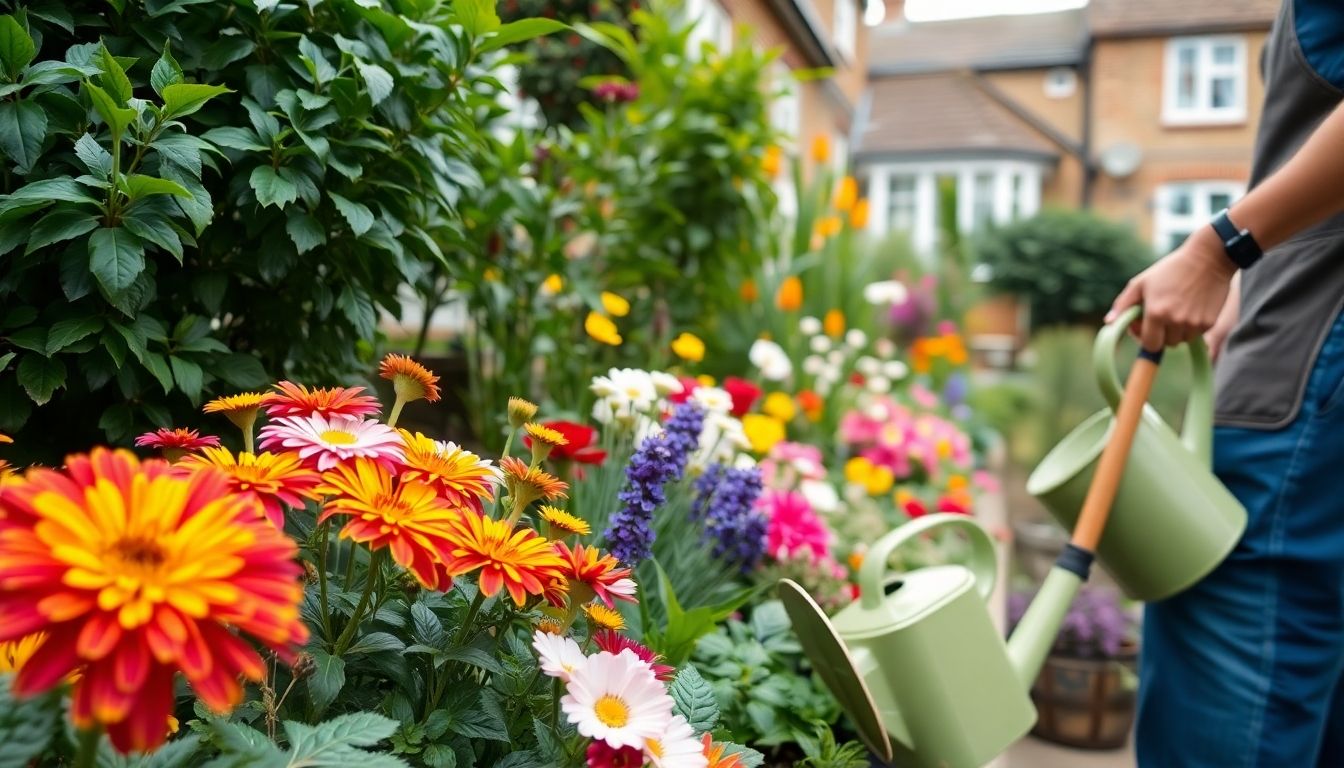 Gardener working in a colourful London garden.