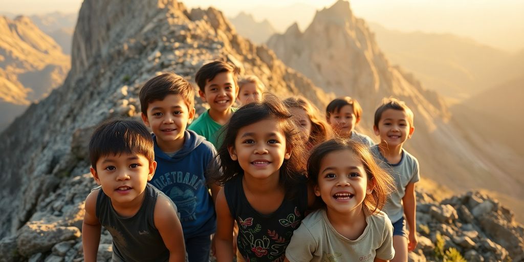 Children hiking up a majestic mountain trail.