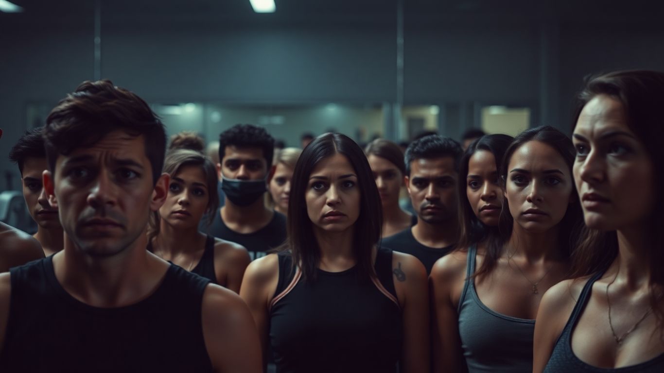 Discouraged people sitting in gym with subdued lighting.