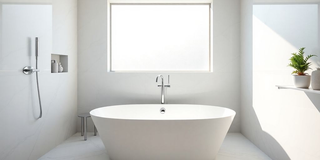 Elegant bathroom, white freestanding tub, luxurious details.