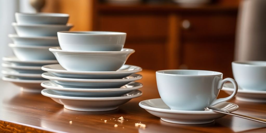 Soucoupes en porcelaine empilées, tasses à café, table en bois.