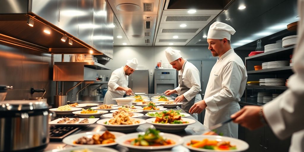 Busy commercial kitchen with multiple chefs preparing food.