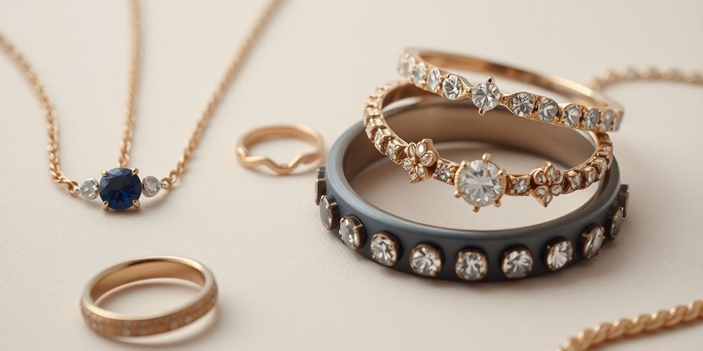 Bijoux élégants sur fond neutre avec lumière douce.