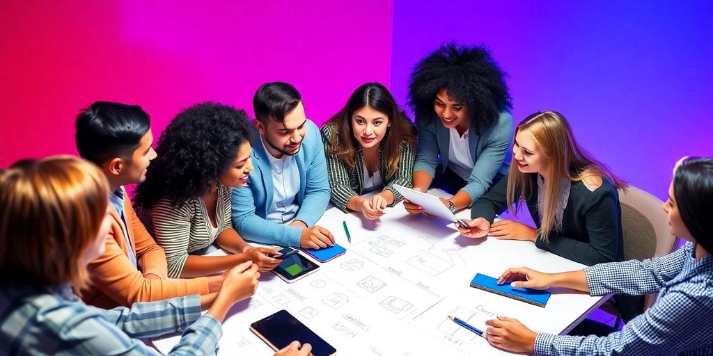 Grupo de profissionais colaborando em estratégias de conteúdo.
