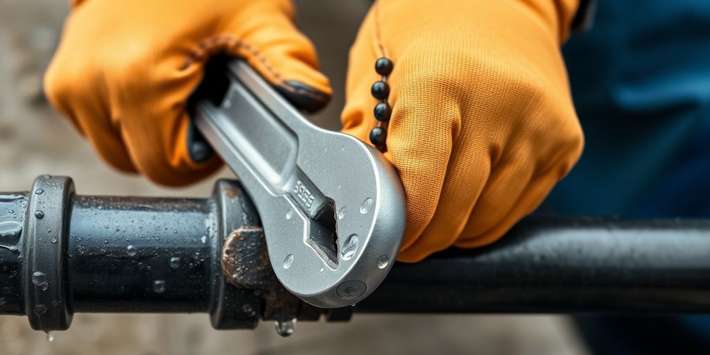 Plumber fixing pipe with wrench