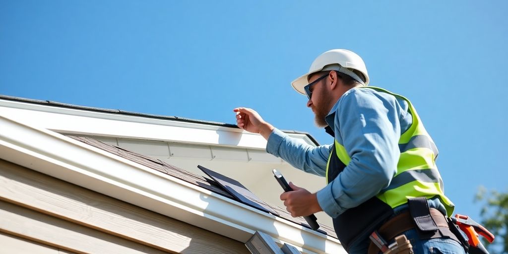 Professional inspecting house siding with tools nearby.